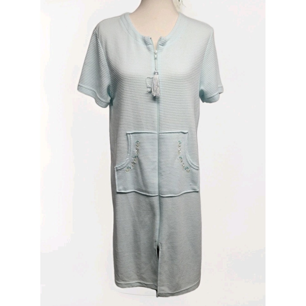 Vintage Bobbie Brooks Mint Green Waffle Knit Zip Up Duster Robe Housecoat